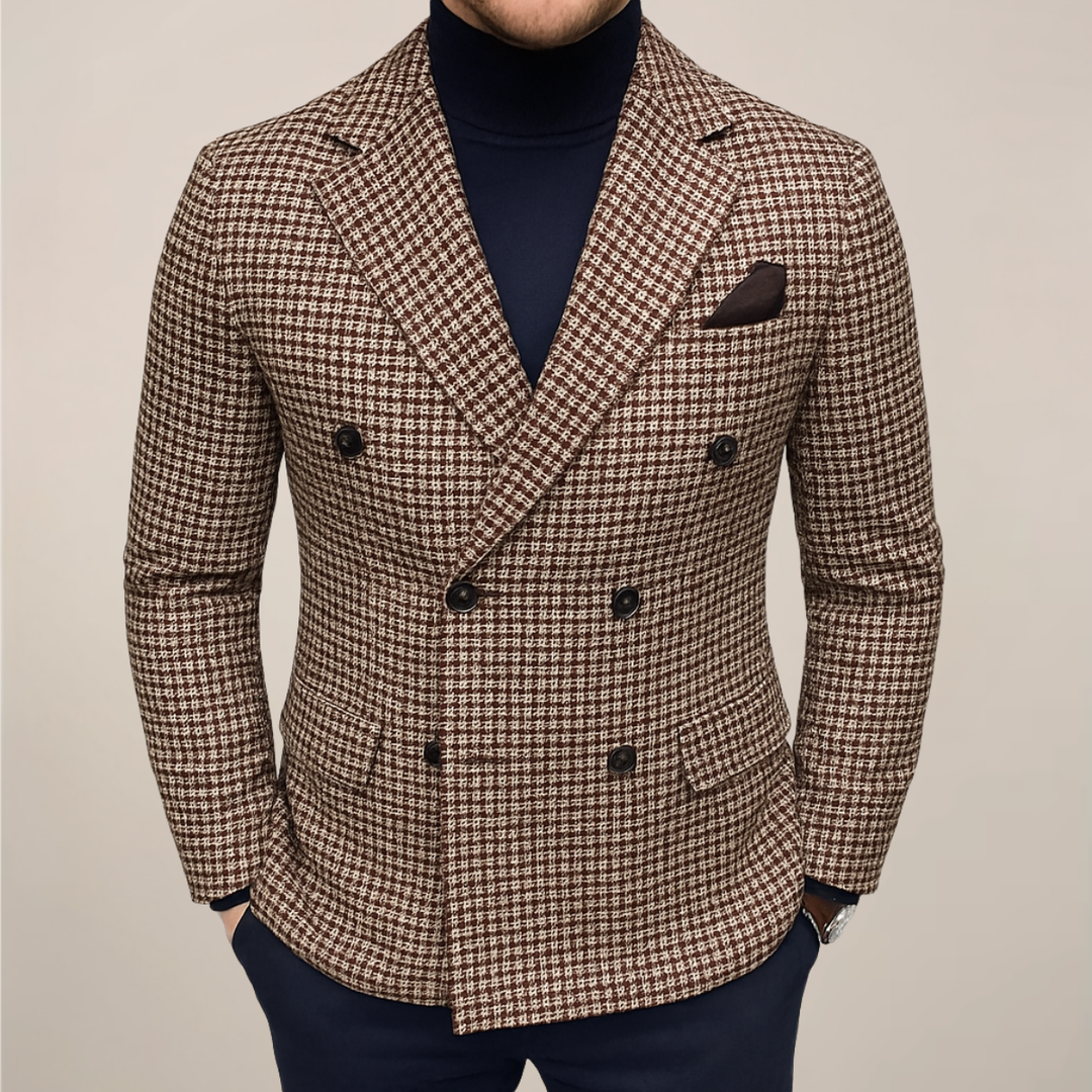 Men's tailored double-breasted checked blazer in heritage style. Perfect for smart casual or business wear. Classic patterned jacket.