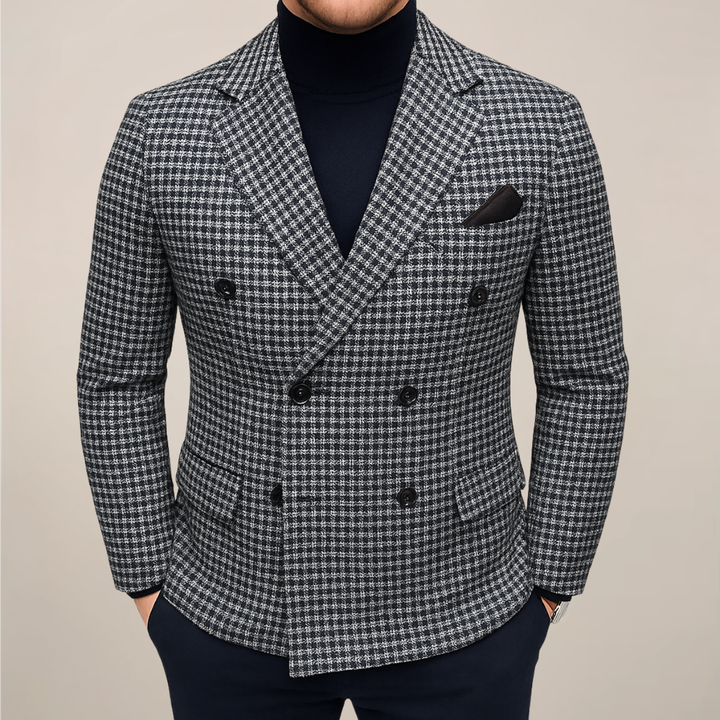 Sophisticated men's double-breasted blazer, a tailored checked jacket with a heritage feel for formal or smart casual outfits.