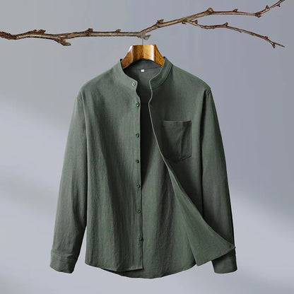 Men's tailored fit button-up shirt with stand collar, perfect for modern, versatile style.