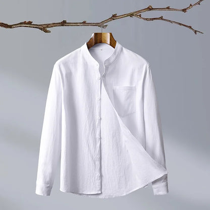 White men's tailored fit button-up shirt, versatile for both casual & formal modern looks.