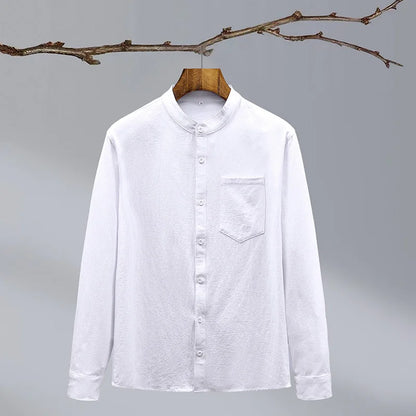 Blue men's tailored fit button-up shirt, featuring a stand collar for a sharp look.
