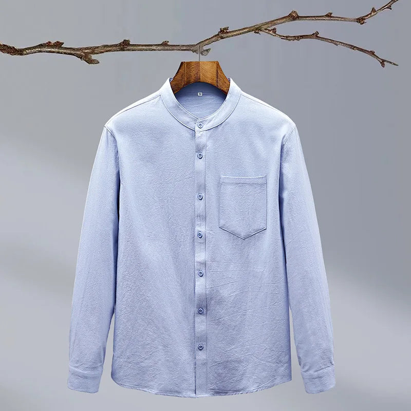 Men's summer tailored fit button-up shirt with stand collar, perfect for modern casual style.
