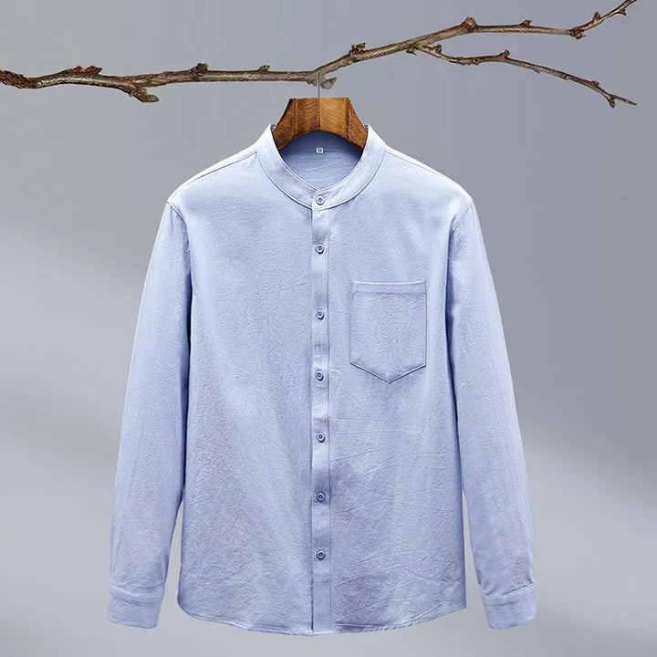 Men's summer tailored fit button-up shirt with stand collar, perfect for modern casual style.
