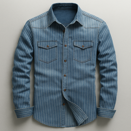 Men's tailored fit casual blue button-up shirt with long sleeves, perfect for everyday wear & versatile men's fashion.