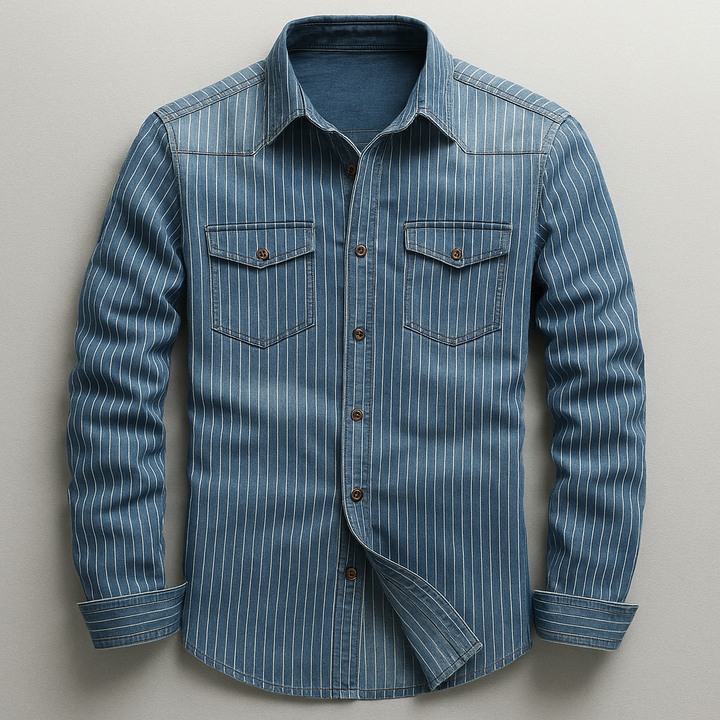 Men's tailored fit casual blue button-up shirt with long sleeves, perfect for everyday wear & versatile men's fashion.