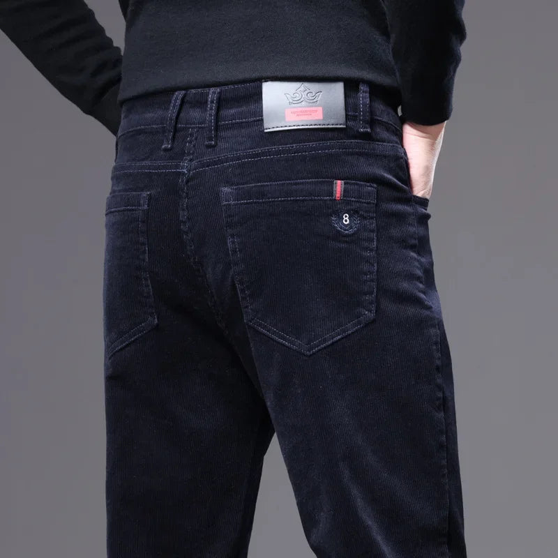 Stylish men's brown corduroy trousers, expertly tailored for a sharp, modern business casual look.