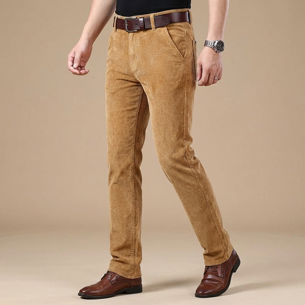 Man wearing comfortable tailored fit corduroy trousers, showcasing elegant drape and style.