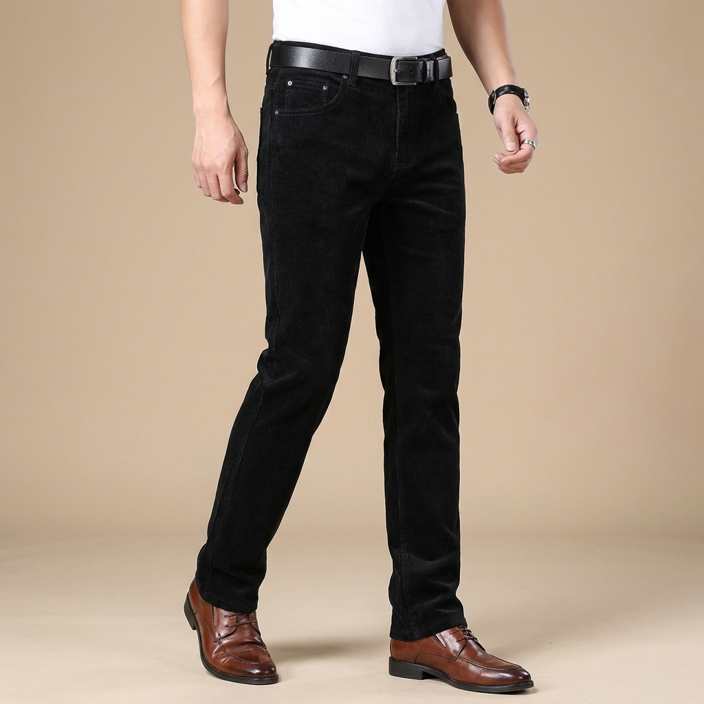 Brown corduroy dress pants for men, designed with a tailored fit for sophisticated business casual look.