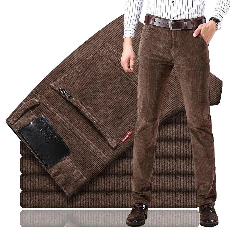 Versatile men's corduroy trousers in rich brown, offering comfort & sharp tailored fit for any occasion.