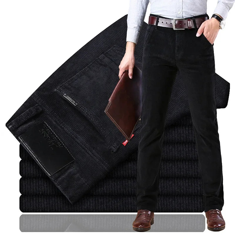 Detail shot of tailored waistband and pockets on premium men's brown corduroy trousers.