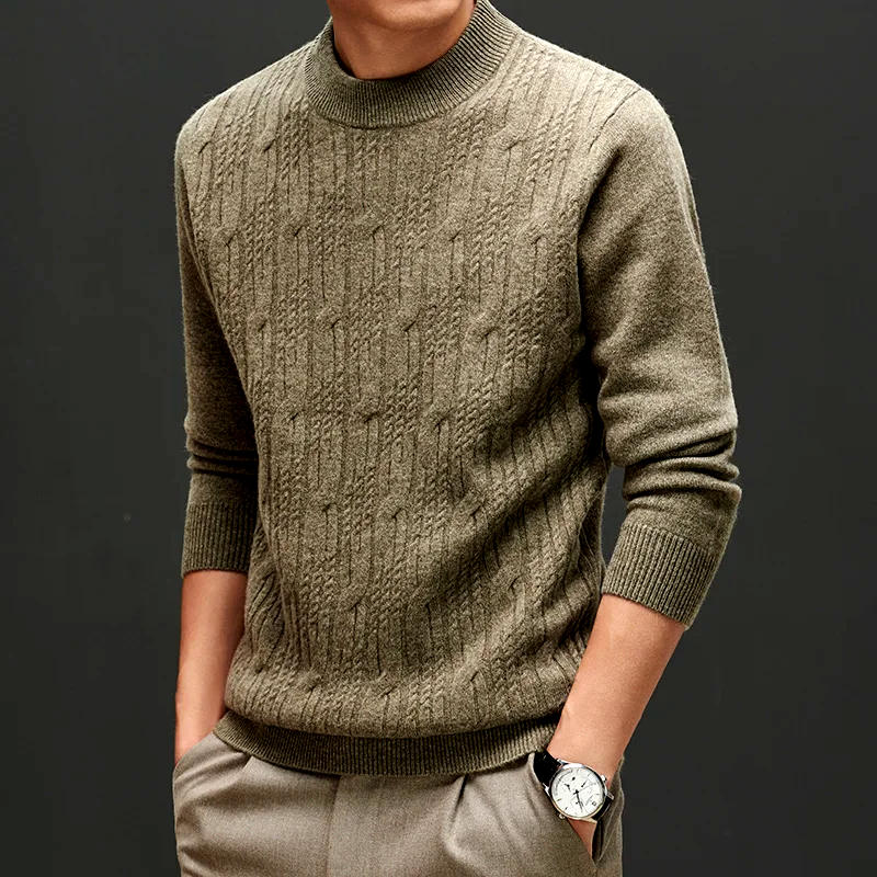 Men's tailored fit knit pullover sweater in elegant light green, perfect for smart casual wear.