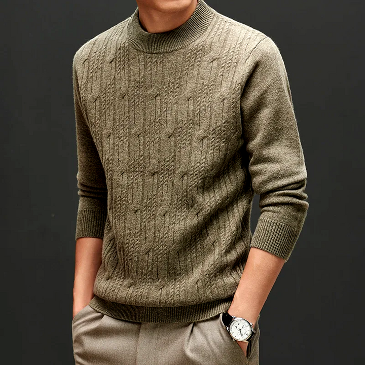Men's tailored fit knit pullover sweater in elegant light green, perfect for smart casual wear.