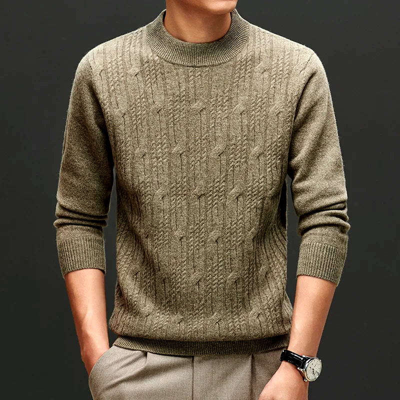 Versatile men's crew neck knit pullover sweater, long sleeve, ideal for refined casual and smart wear.