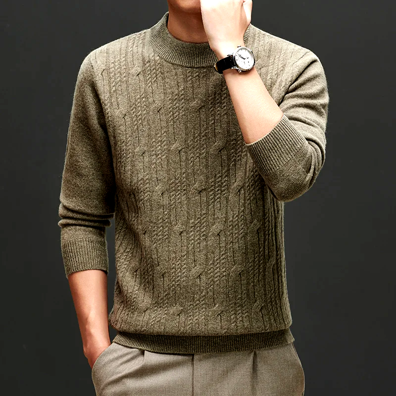 Stylish men's blue knit pullover sweater with crew neck, comfortable tailored fit for everyday elegance.