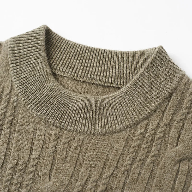 Elegant men's brown knit pullover sweater, featuring a classic crew neck and comfortable tailored fit.