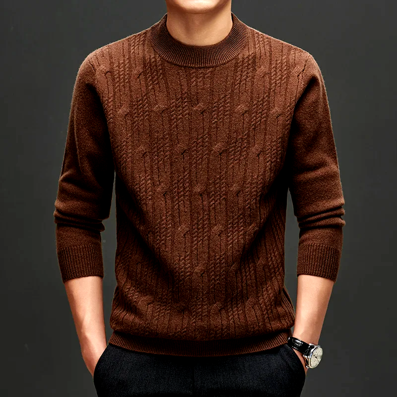 Men's versatile knit pullover sweater in light green, blue, brown, gray for elegant smart casual looks.