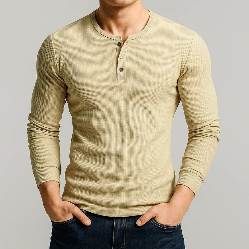 Men's tailored fit long sleeve Henley shirt for all-day casual comfort. An essential versatile layering piece.