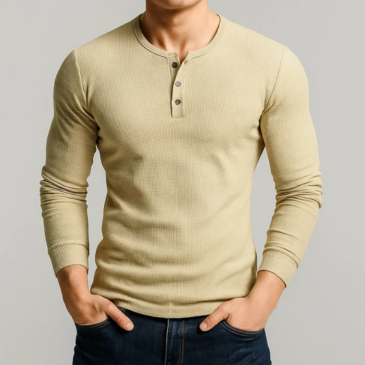 Men's tailored fit long sleeve Henley shirt for all-day casual comfort. An essential versatile layering piece.