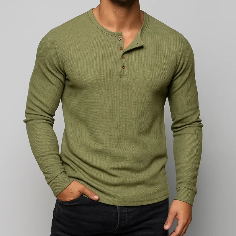 Versatile men's long sleeve Henley shirt, perfect for everyday casual wear or as a comfortable layering piece.