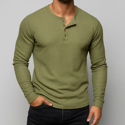 Versatile men's long sleeve Henley shirt, perfect for everyday casual wear or as a comfortable layering piece.