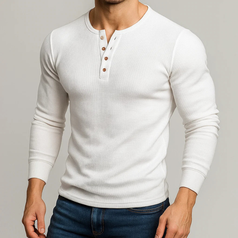 Stylish men's Henley long sleeve shirt. A comfortable, versatile casual wear & layering piece for fall fashion.