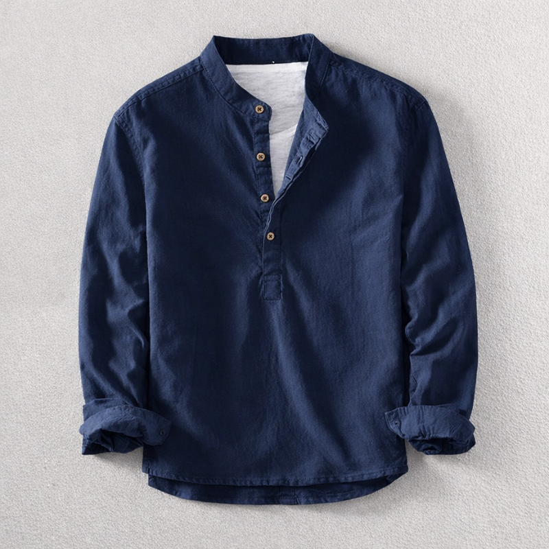 Men's tailored fit long-sleeve Henley shirt. Modern comfort, stylish everyday wear. Breathable casual top.