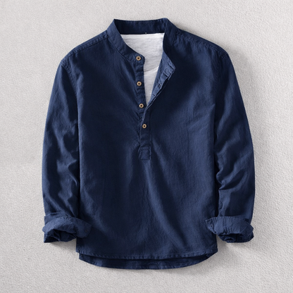 Men's tailored fit long-sleeve Henley shirt. Modern comfort, stylish everyday wear. Breathable casual top.
