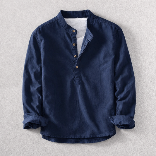 Men's tailored fit long-sleeve Henley shirt. Modern comfort, stylish everyday wear. Breathable casual top.