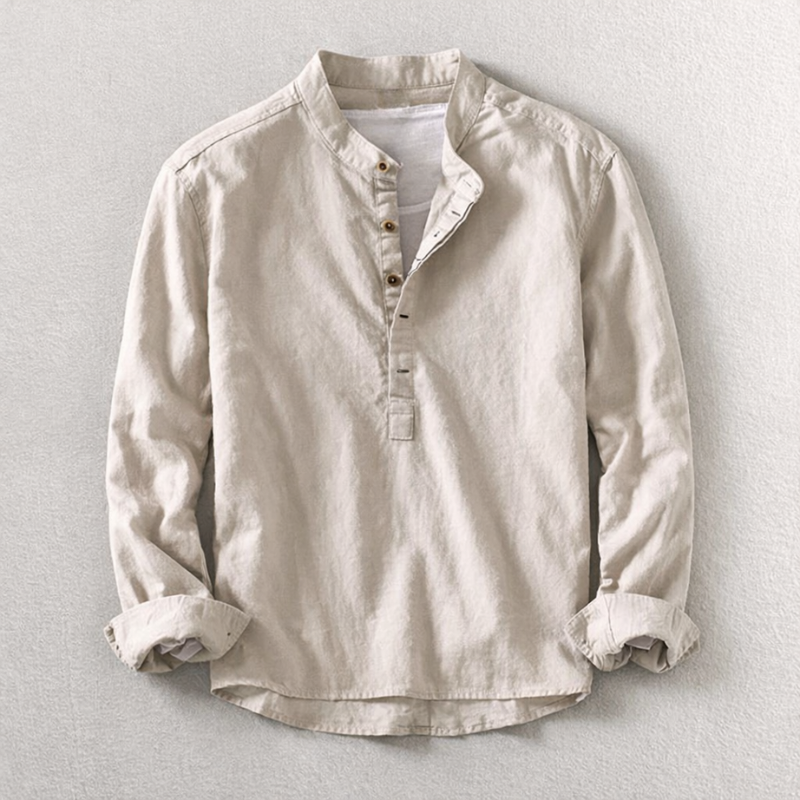 Men's long-sleeve Henley shirt. Tailored fit for modern comfort & style. Essential, breathable everyday top.