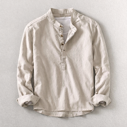 Men's long-sleeve Henley shirt. Tailored fit for modern comfort & style. Essential, breathable everyday top.
