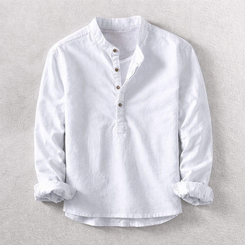 Comfortable men's tailored Henley shirt. Versatile long-sleeve top for stylish, breathable everyday apparel.