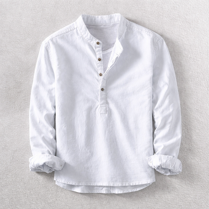 Comfortable men's tailored Henley shirt. Versatile long-sleeve top for stylish, breathable everyday apparel.