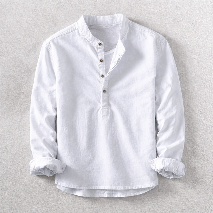 Comfortable men's tailored Henley shirt. Versatile long-sleeve top for stylish, breathable everyday apparel.
