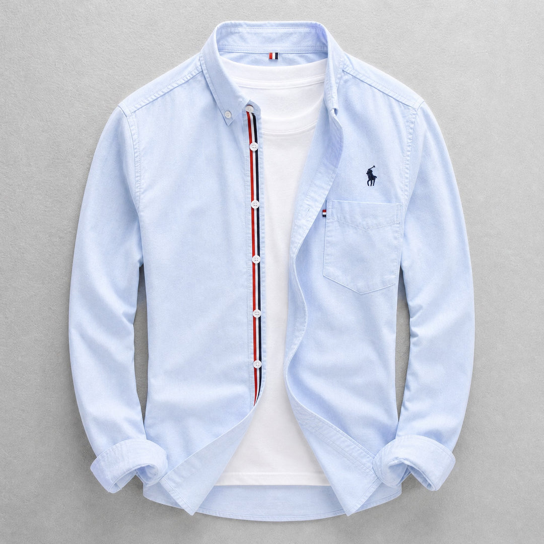 Men's tailored fit long sleeve Oxford shirt, button-down collar, classic style for smart casual or business attire.