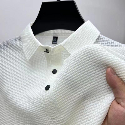 Men's short sleeve summer polo. Tailored fit, performance fabric, ideal for golf, casual, & comfortable wear.