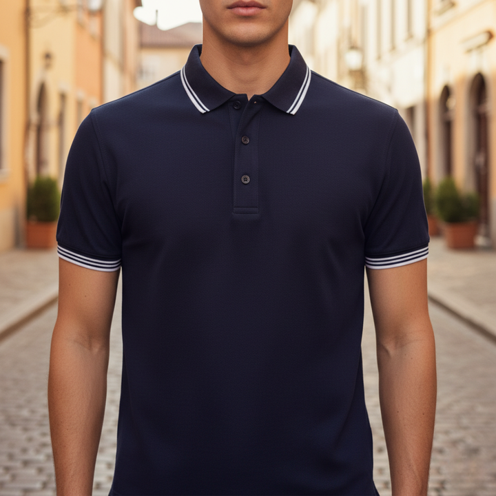 Men's tailored fit short sleeve polo with tipped collar, ideal for smart casual & everyday comfort.