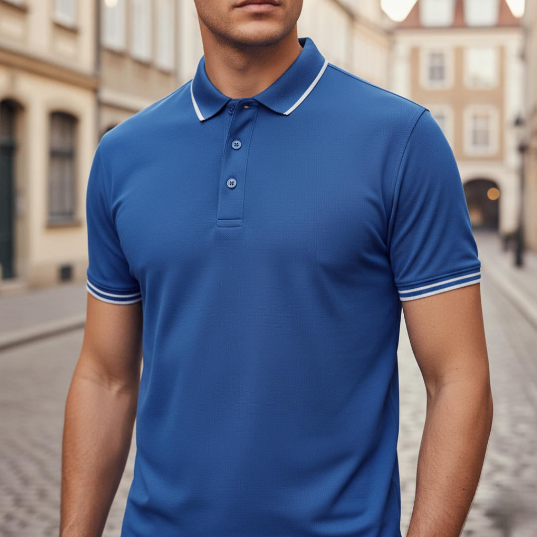 Elegant men's short sleeve polo with a tipped collar. Tailored fit, suitable for smart casual events.