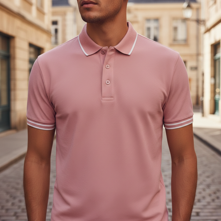 Business casual men's short sleeve polo. Tailored fit, multi-color, with a distinctive contrast tipped collar.