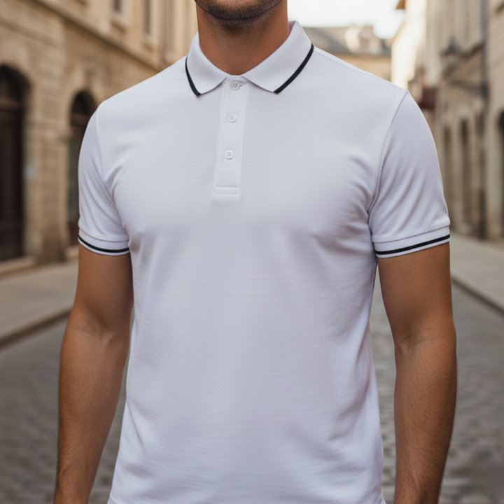 Smart casual men's polo shirt, short sleeve. Tailored fit, moisture-wicking, perfect for warm weather style.