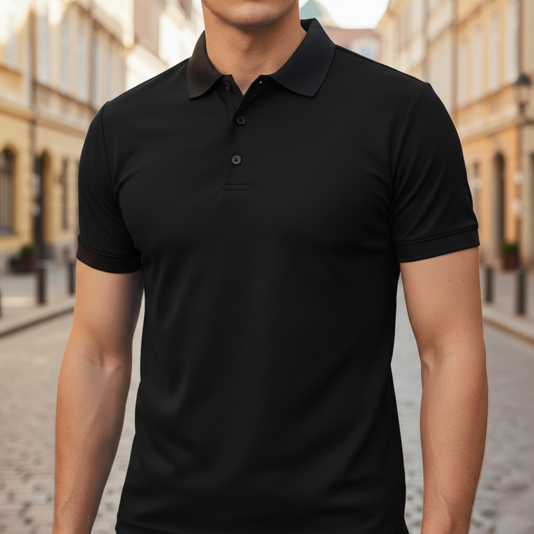 Men's fashion short sleeve polo with a tipped collar. Tailored fit for a sophisticated smart casual style.