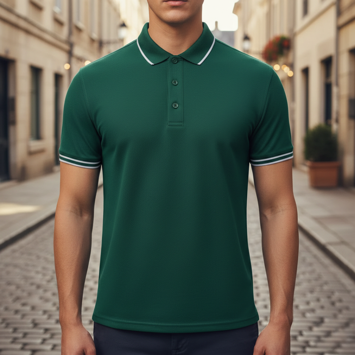 Comfortable men's short sleeve polo shirt. Tailored fit, tipped collar for an elevated business casual look.