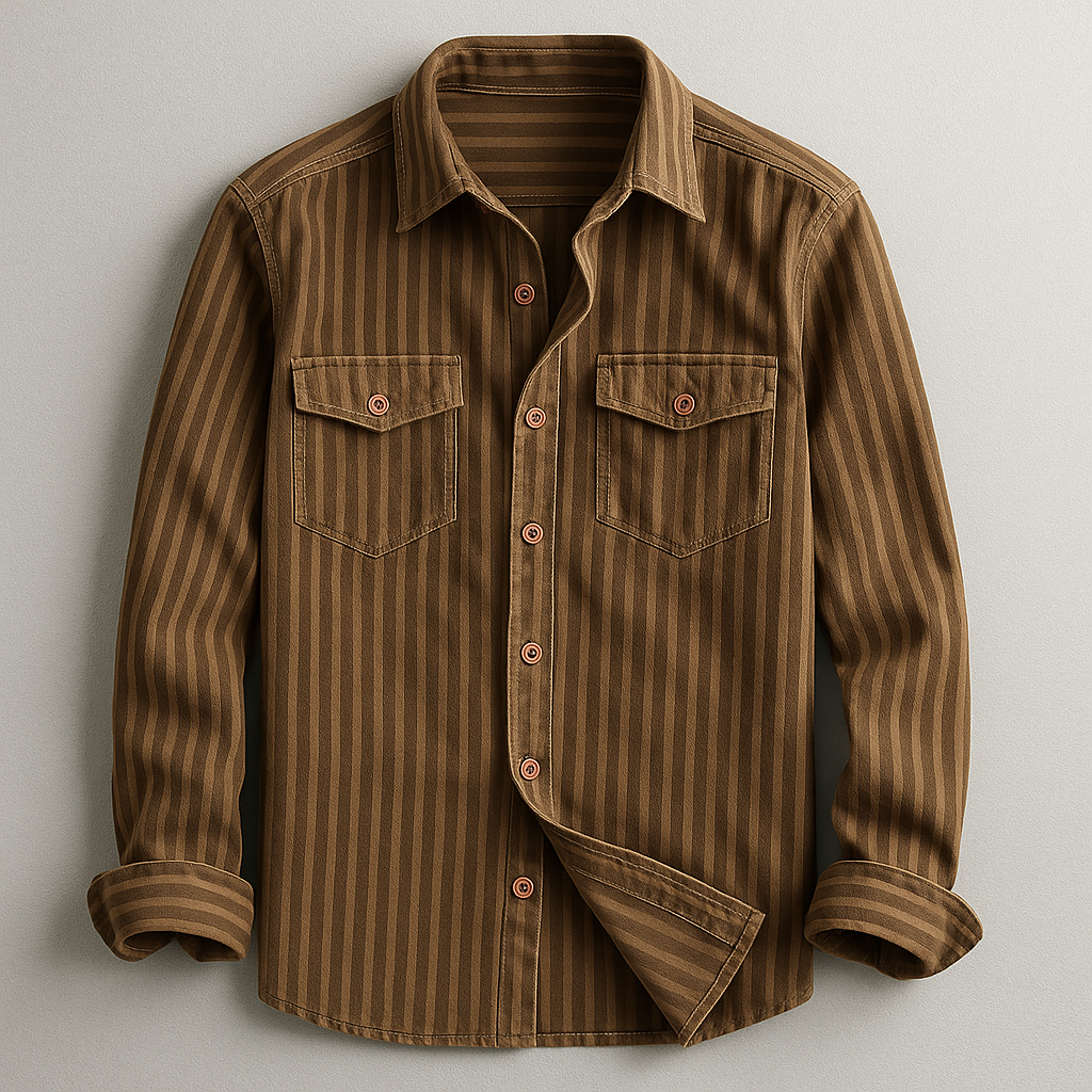 Man models a men's tailored fit stretch shirt, long sleeve, showcasing comfort & style for any occasion.