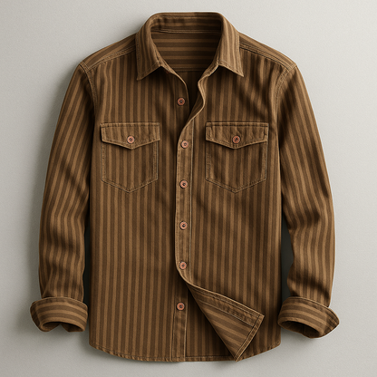 Man models a men's tailored fit stretch shirt, long sleeve, showcasing comfort & style for any occasion.