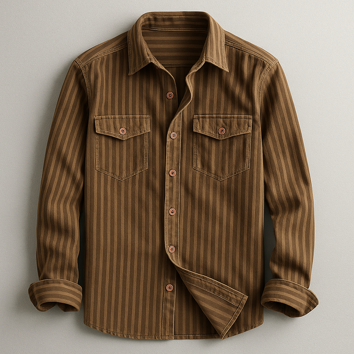 Man models a men's tailored fit stretch shirt, long sleeve, showcasing comfort & style for any occasion.