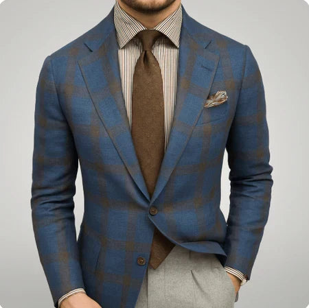 Stylish men's formal suit jacket with a subtle check pattern, ideal for weddings, business attire, and confident fashion.