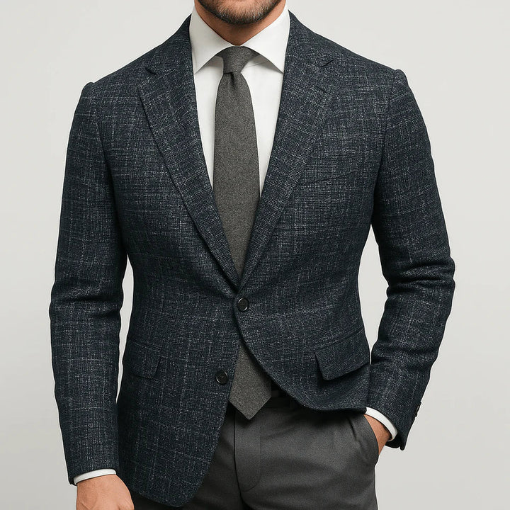 Slim fit men's formal blazer in a sophisticated check pattern, a key piece for sharp, tailored style and events.