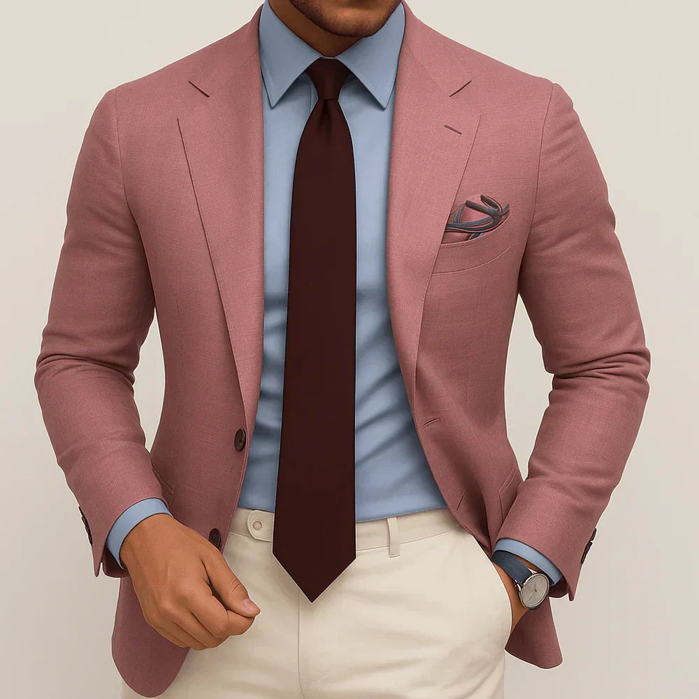 Versatile men's tailored jacket for sharp business wear or elegant wedding attire, exuding confidence & modern style.