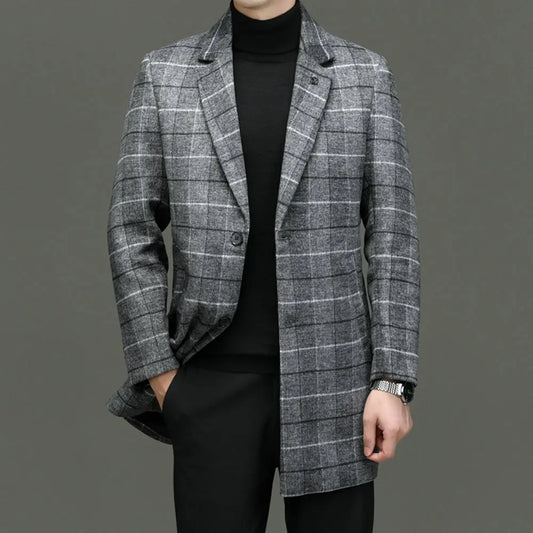 Men's tailored gray plaid coat, classic structured outerwear for elegant fall & winter fashion.
