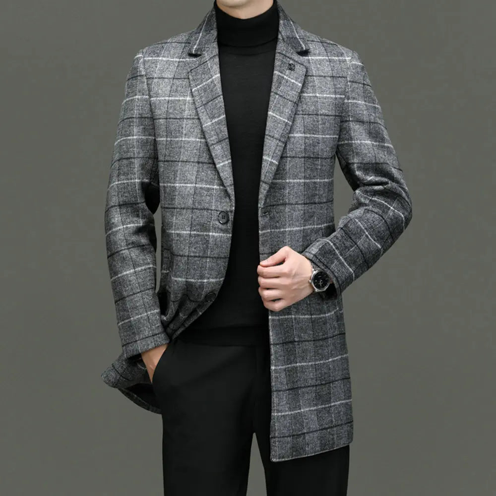 Classic men's blue plaid tailored jacket, perfect business wear or sophisticated casual fall outerwear.