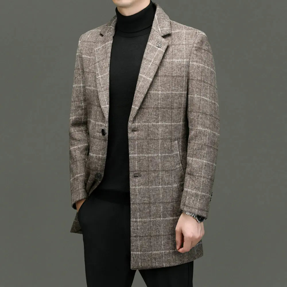 Structured khaki plaid men's coat, a distinguished tailored jacket for sharp business and elegant style.